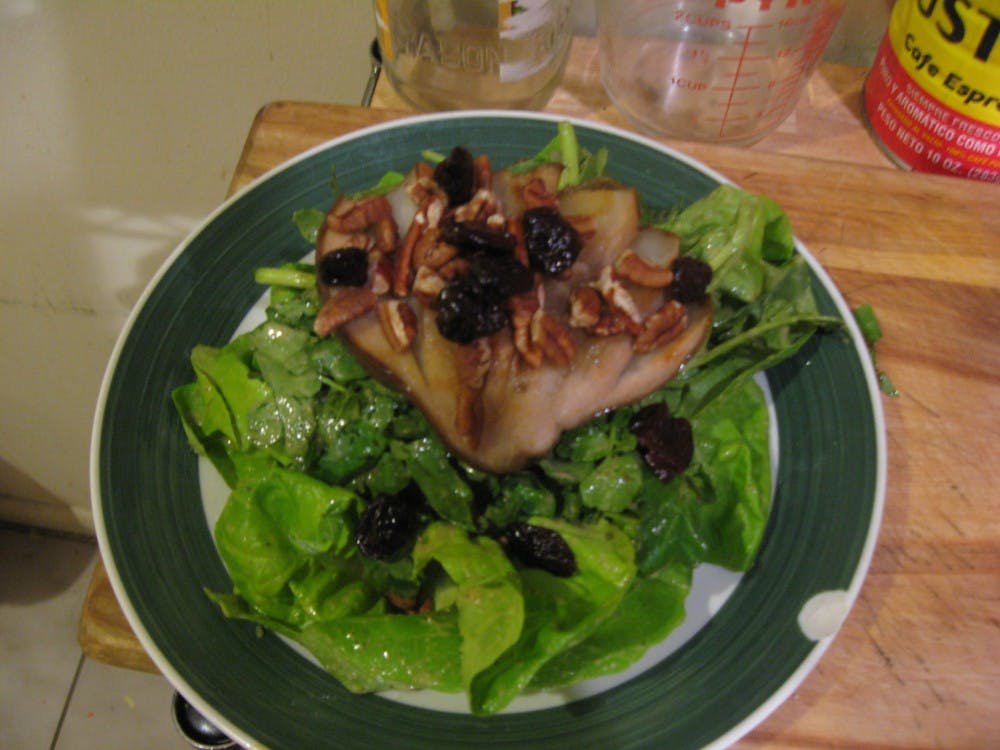 A bibb lettuce and watercress salad with roasted pears and dried cherries is just the thing to kick off a culinary treat for your sweetheart this Valentine\'s Day.