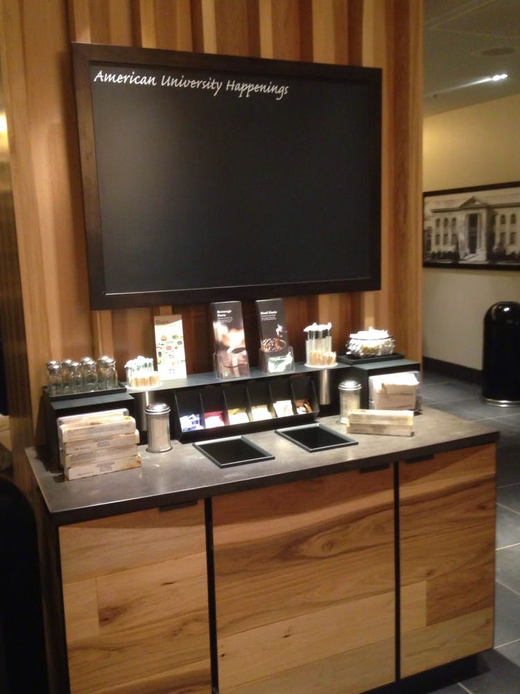 	A chalkboard above the condiments counter will feature AU-related events to promote campus community, according to AU Dining Services Marketing Manager Adam Fox.