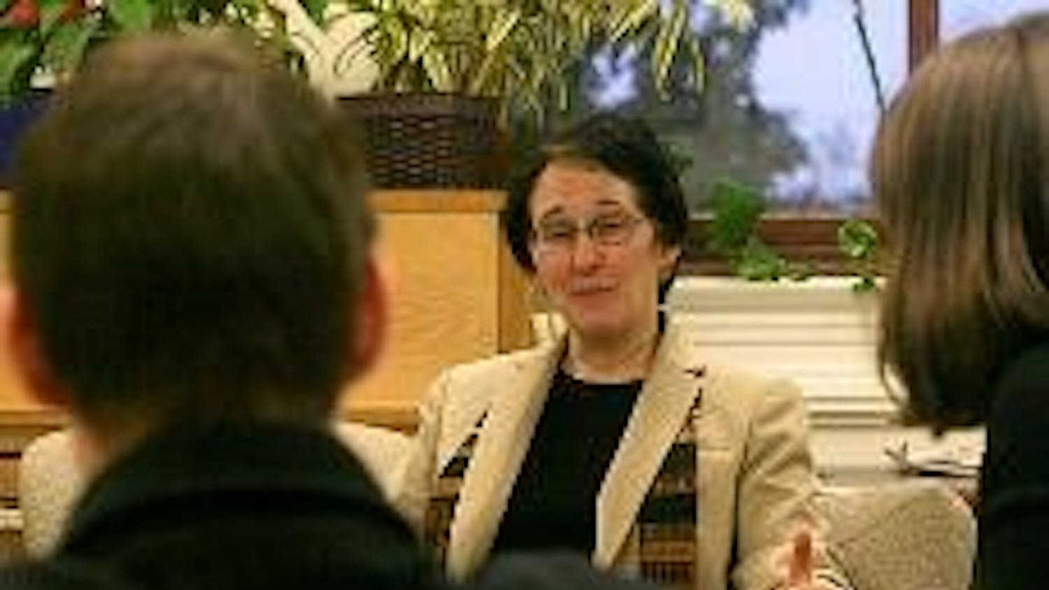 Professor Naomi Baron tells students the reasons behind the new Facebook layout Tuesday.