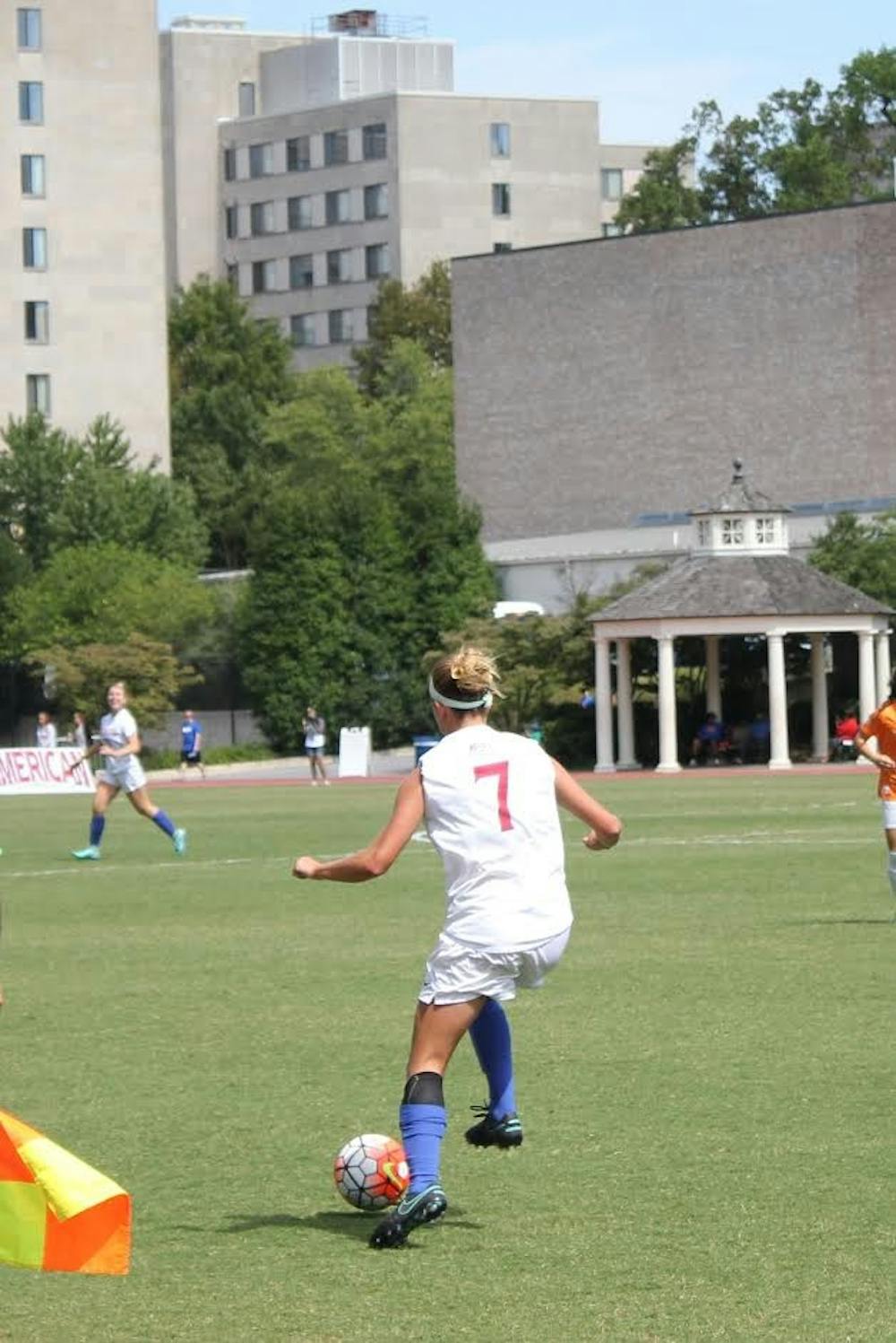 AU senior defender Hayley Mullins surveys the field in the Eagles' District Day match against Tennessee September 4. Mullins and the Eagles fell in their Patriot League opener to Colgate 1-0.&nbsp;