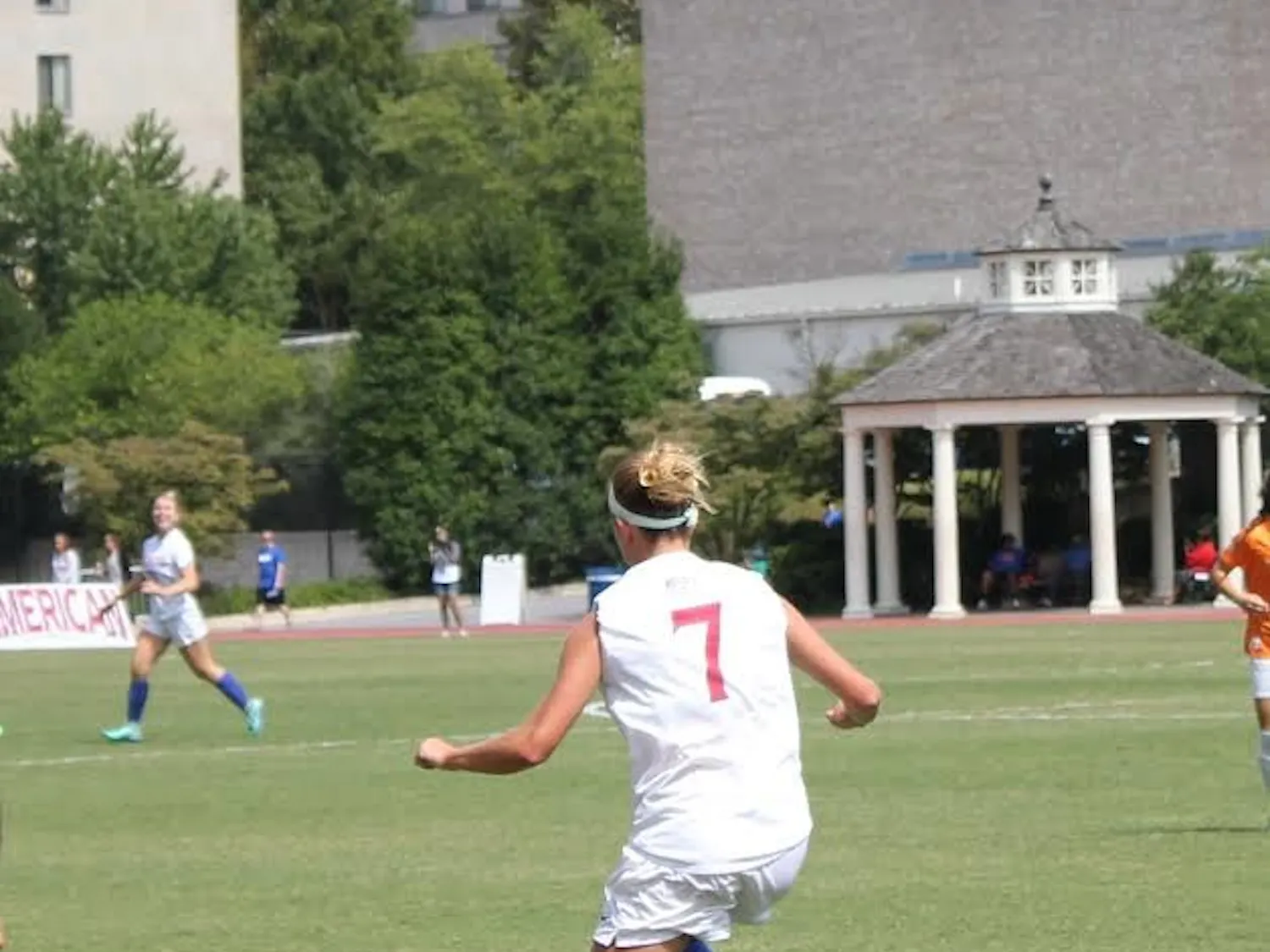 AU senior defender Hayley Mullins surveys the field in the Eagles' District Day match against Tennessee September 4. Mullins and the Eagles fell in their Patriot League opener to Colgate 1-0. 