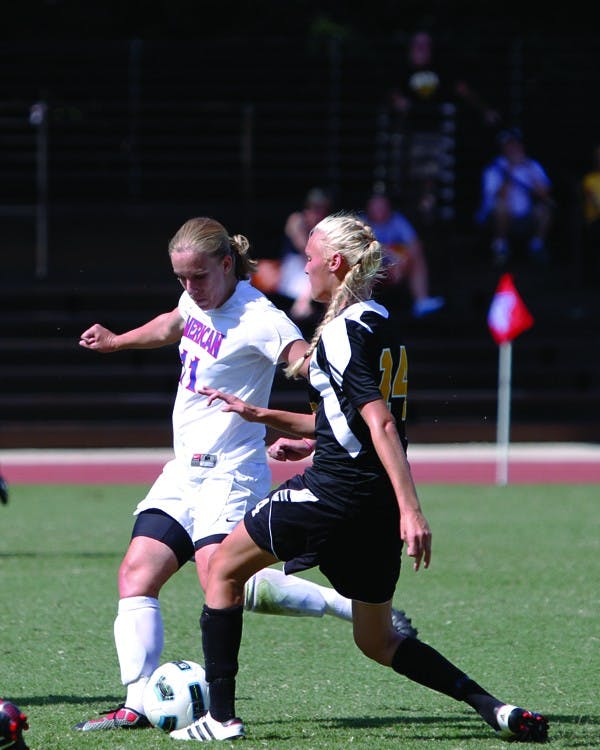 ON THE ATTACK â€” Sophomore midfielder Kendra Jones goes head-to-head with a UMBC defender in the Eagles 1-0 victory. The win marked the second straight victory for AU improving their overall record to 2-8 on the season.