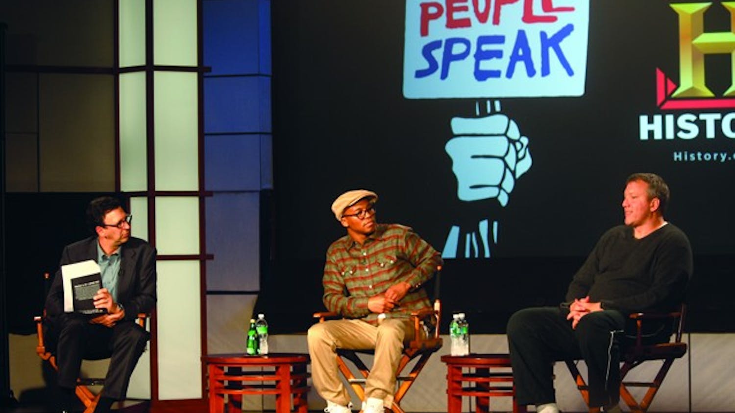 SPEAK OUT â€” On Nov. 9, Lupe Fiasco joined executive producer Chris Moore and author and producer Howard Zinn to discuss a new documentary, â€œThe People Speak.â€ The film, which will air Dec. 13 on the History Channel, features footage of readings by Americans who shaped America. 