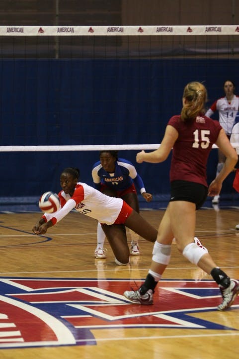 DIVING INâ€”Junior Angelina Waterman dives for a ball in the Eagles three set sweep of Lafayette Saturday. The  win over the Leopards as well as the win over Lehigh on Friday keep the teamâ€™s playoff hopes alive.