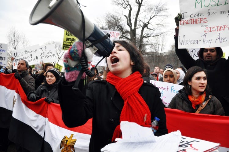 AU sophomore Mariam Aziz protests outside the White House Saturday.