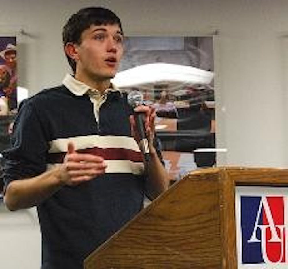 BLUE OUT - Sam Hagedorn, a freshman in the School of Public Affairs, speaks at the AU College Democrats' Blue Fest '08, encouraging students to sign up to canvas for Obama in Virginia so that he wins, bringing change to Washington. 