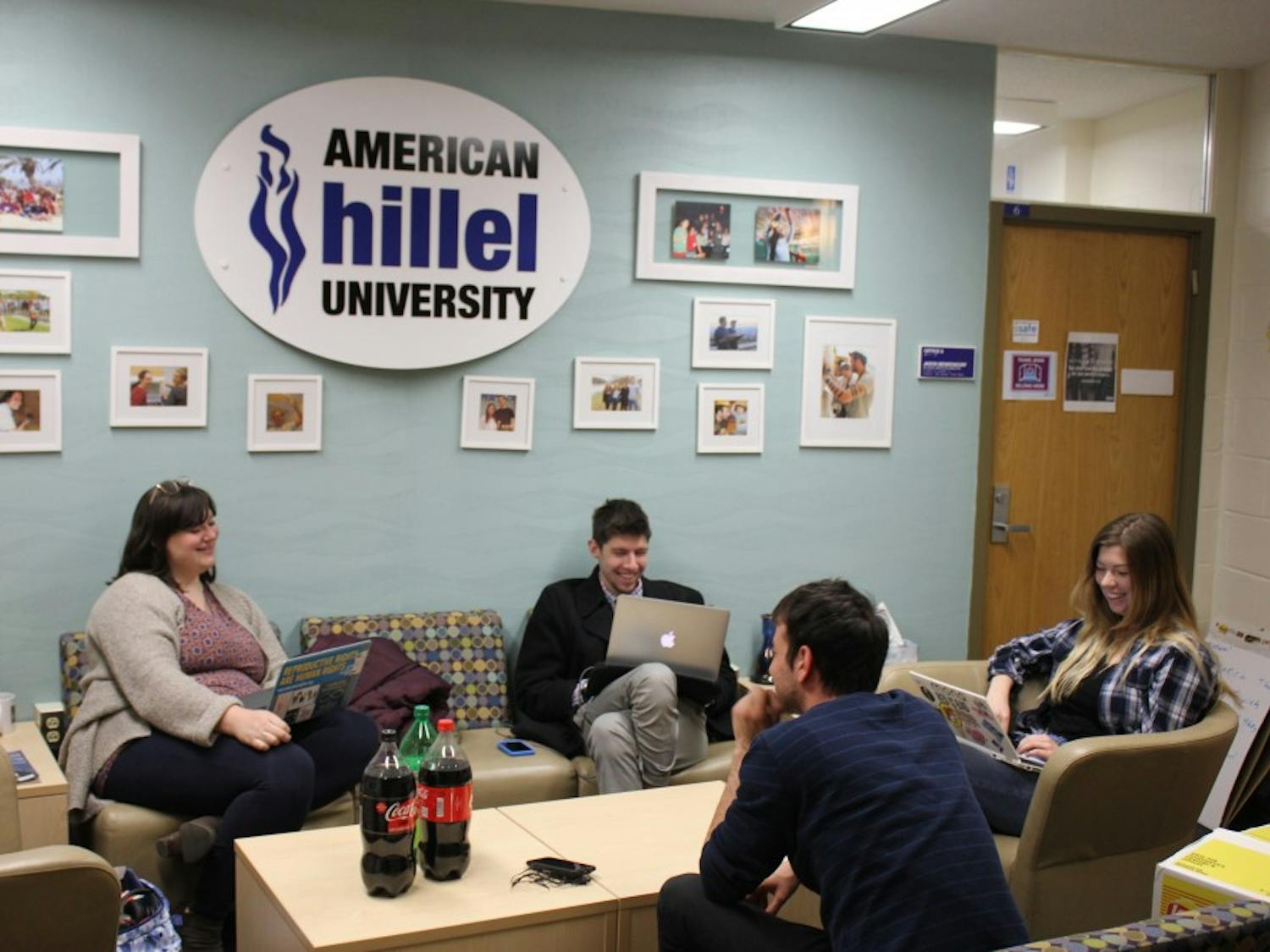 Students meet outside of Hillel's office in Kay Spiritual Life Center.