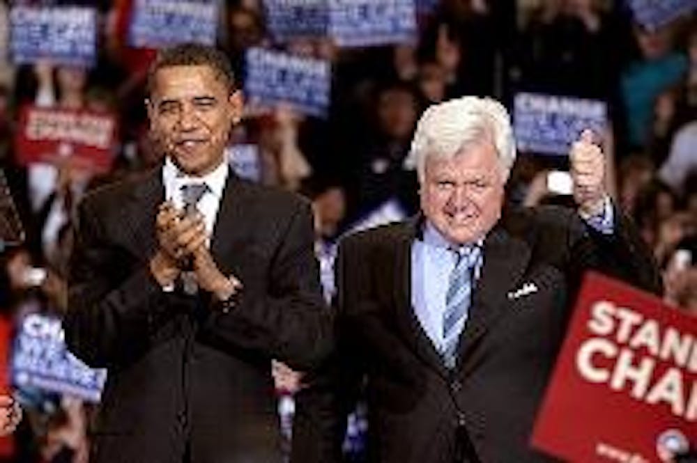 RALLYING FOR CHANGE - During his speech Monday, Sen. Barack Obama, D-Ill., repeatedly referred back to the Kennedys' political achievements. Sen. Edward Kennedy, D-Mass., compared Obama to his brother, the late President John F. Kennedy, and said he was t