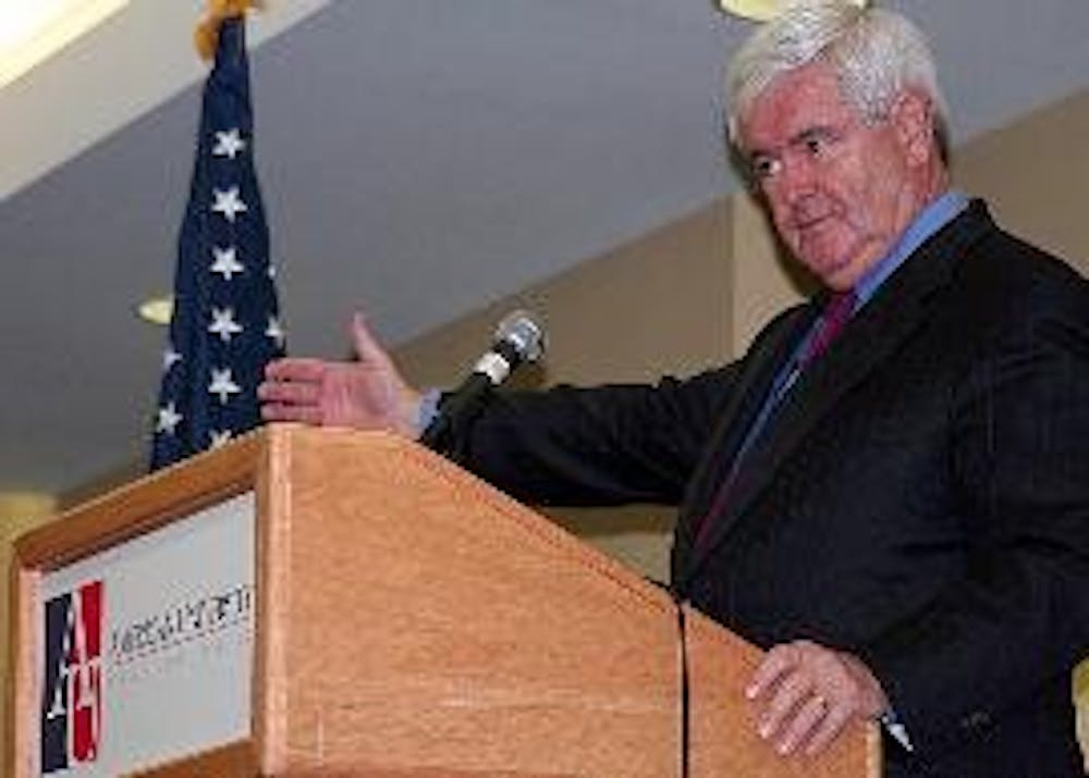 NEWT'S NOTES -  Former Speaker of the House Newt Gingrich, R-Ga., speaks to AU students Saturday about the selection of Gov. Sarah Palin, R-Alaska, as  the vice presidential nominee for the Republican Party and about the campaign Democratic presidential n