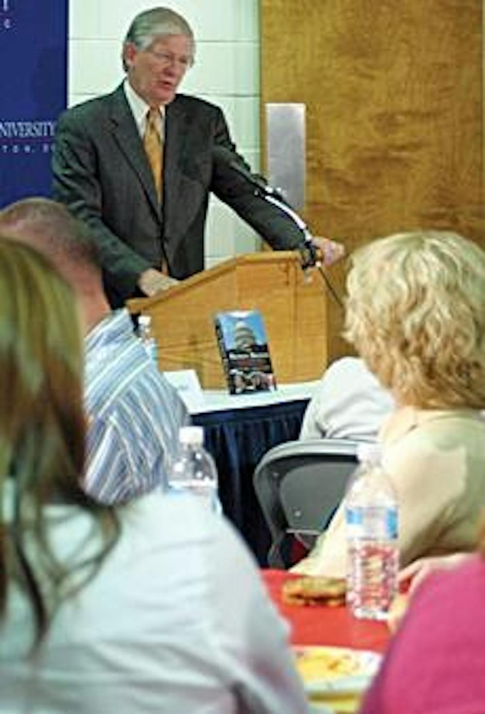 Professor James Thurber talks to students about elections at a forum held Tuesday in Kay. 