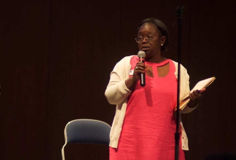 Interim Vice President of Campus Life Fanta Aw speaks at a University town hall on May 2, 2017 about the May 1 hate crime.