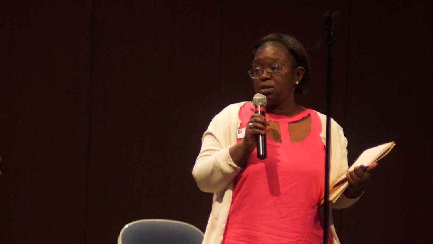 Interim Vice President of Campus Life Fanta Aw speaks at a University town hall on May 2, 2017 about the May 1 hate crime.