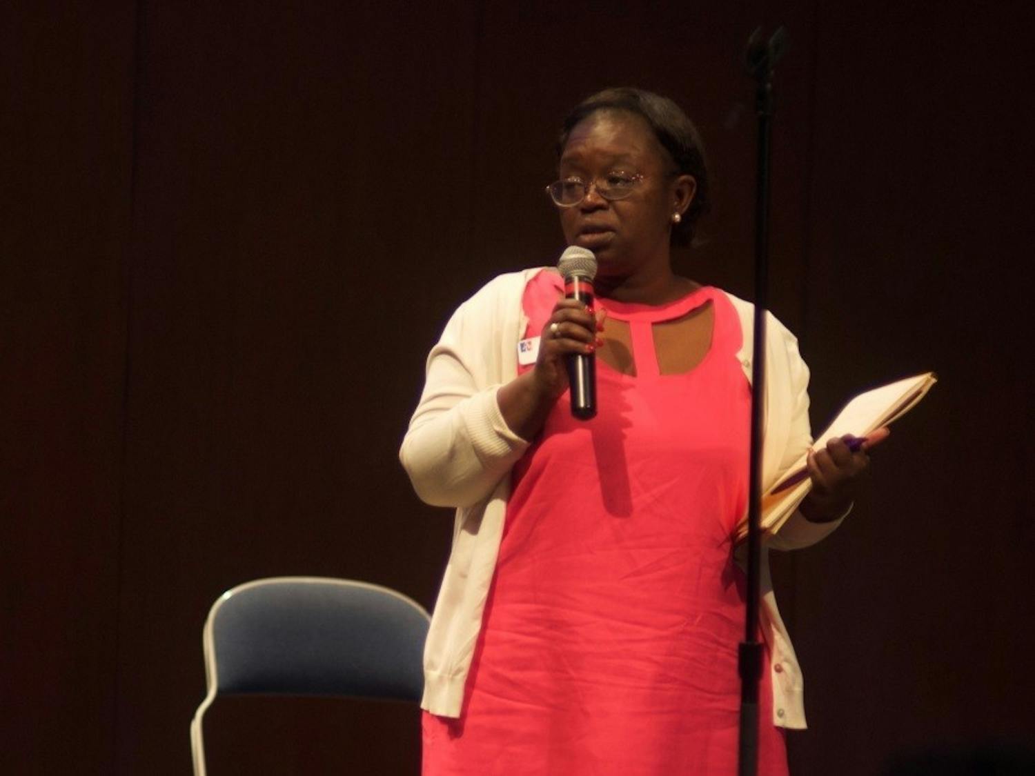 Interim Vice President of Campus Life Fanta Aw speaks at a University town hall on May 2, 2017 about the May 1 hate crime.