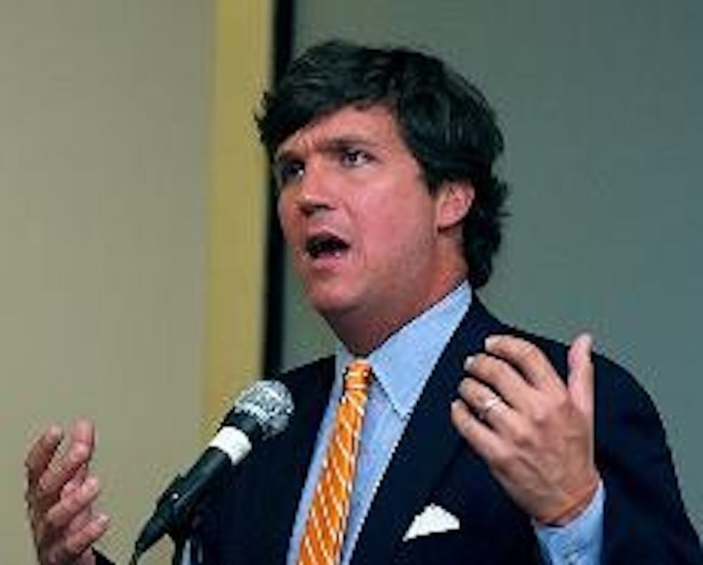 TALKIN' WITH TUCKER - Tucker Carlson, host of MSNBC's "Tucker," spoke at an AU College Republicans event Wednesday night. He said foreign policy will be an important issue in the presidential election.