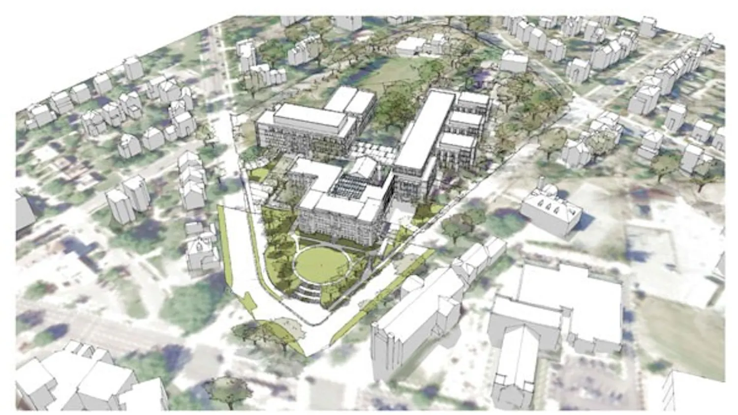 AU\'s plan to move the Washington College of Law to Tenley Campus includes building two four-story buildings, maintaining the historic Capital Hall and Dunblane House and turning the hill on Tenley Circle into a level lawn area.