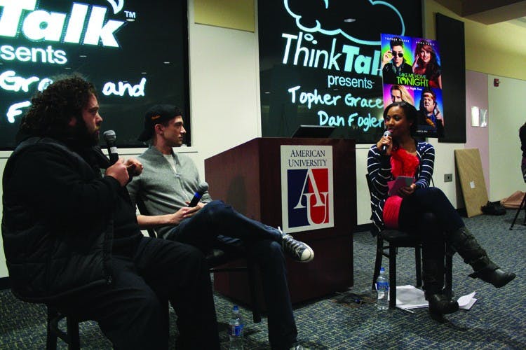 AMAZING GRACE â€” Topher Grace (center) is flanked by Dan Folger (left) and Think Talk Host Erika Thomas (right). Grace is perhaps best known for playing the geeky lead role of Eric Foreman in the long-running TV sitcom â€œThat â€˜70s Show.â€ In his new role, heâ€™s moving on to the 80s. He and Fogler star in the new comedy â€œTake Me Home Tonight,â€ directed by Michael Dowse. 