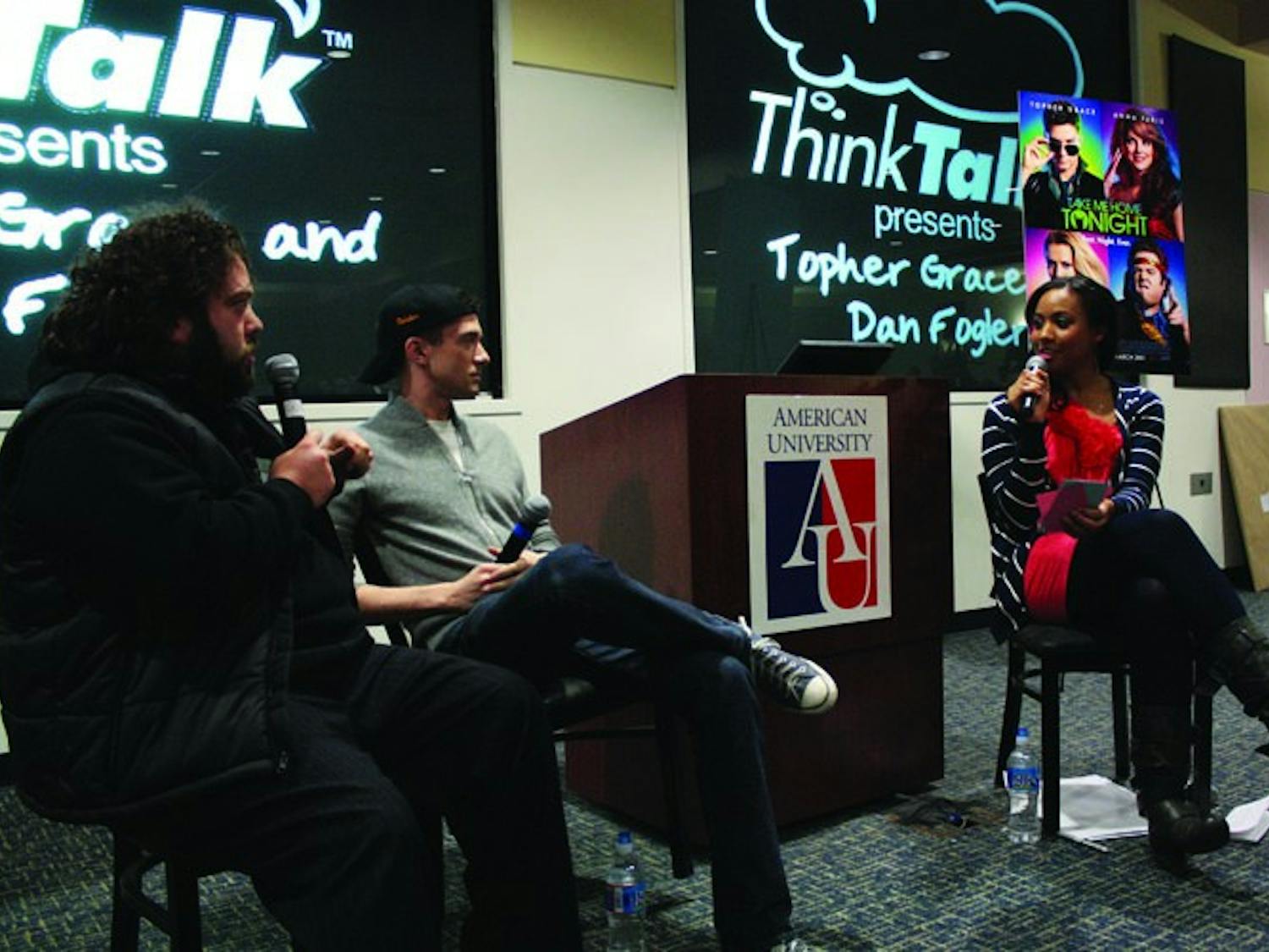 AMAZING GRACE — Topher Grace (center) is flanked by Dan Folger (left) and Think Talk Host Erika Thomas (right). Grace is perhaps best known for playing the geeky lead role of Eric Foreman in the long-running TV sitcom “That ‘70s Show.†In his new role, he’s moving on to the 80s. He and Fogler star in the new comedy “Take Me Home Tonight,†directed by Michael Dowse.