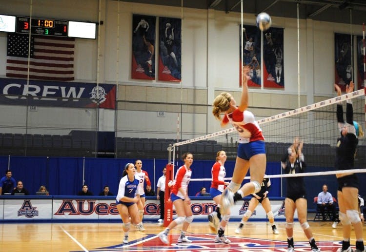 Bree Scarbrough hit .444 in AUâ€™s straight-set victory over Navy to improve the Eagles record to 9-1 in Patriot League play. The Eagles will play their remaining four regular season games at home, beginning Nov. 4 against the Holy Cross Crusaders.