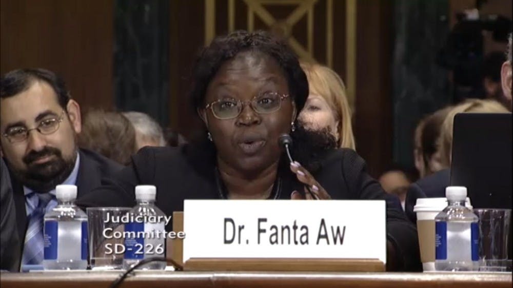 Interim Vice President of Campus Life Fanta Aw testifies in front of a Senate Judiciary Committee as a part of the "Free Speech 101: The Assault on the First Amendment on College Campuses” hearing Tuesday.&nbsp;