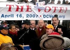 D.C. Mayor Adrian Fenty, D, speaks to a crowd of between 3,500 and 5,000 people that marched to the Capitol building on Monday in support of federal legislation that would give the District of Columbia a voting seat in the House of Representatives.  