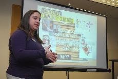 LEARNING TOGETHER - Centennial Hall Resident Director Leah Kreimer discusses the Residential Community Clusters program during a presentation yesterday.