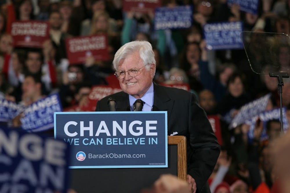 LION'S ROAR -- Sen. Edward Kennedy, D-Mass., spoke in Bender Arena on Jan. 28, 2008 to endorse then-Sen. Barack Obama as the Democratic candidate for president. Caroline Kennedy and Rep. Patrick Kennedy, D-R.I., also spoke at the event.
