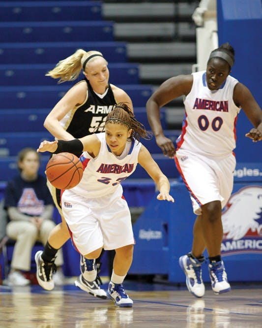 PROTECTING THE BALL â€” AU controls the basketball in their win over Colgate. WIth the commanding victory, they moved into sole posession of the Patriot League lead.