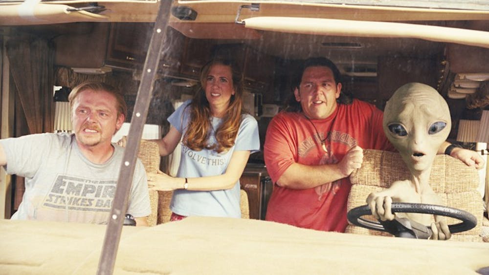 (L to R) Graeme (SIMON PEGG), Ruth (KRISTEN WIIG), Clive (NICK FROST) and Paul (SETH ROGEN) try to stay on the highway in the comedy-adventure ?Paul?.  While in America?s UFO heartland, two sci-fi fans meet an alien who brings them on an insane road trip that will rock their universe forever.