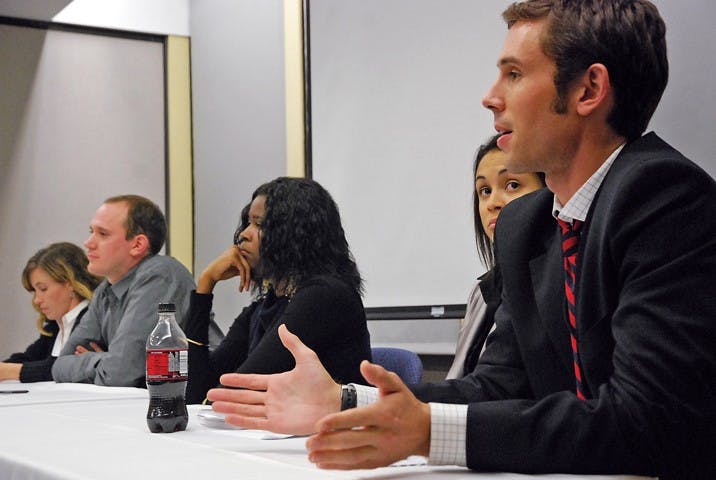 ANYONE? ANYONE? â€” A panel including adjunct professor Sean Peterson, right, and D.C. Youth Power Network founder and executive director James Pearlstein, second from left, discussed the problems with disengagement and testing in D.C.â€™s Public Schools on Nov. 11.