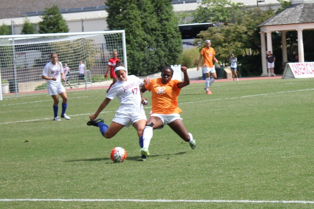 Junior forward Kaylee Hillard's clearance attempt is contested by Tennessee&nbsp;freshman Maya Neal during the Eagles 3-0 loss to the Volunteers Sunday at Reeves Field