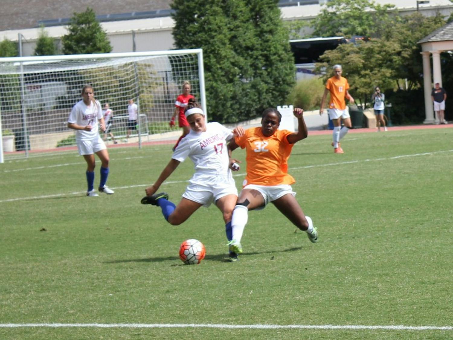 Junior forward Kaylee Hillard's clearance attempt is contested by Tennessee&nbsp;freshman Maya Neal during the Eagles 3-0 loss to the Volunteers Sunday at Reeves Field