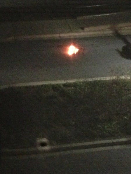 A student snapped this picture of a chair on fire in the LA Quad on Feb. 7 at 9:56 p.m.