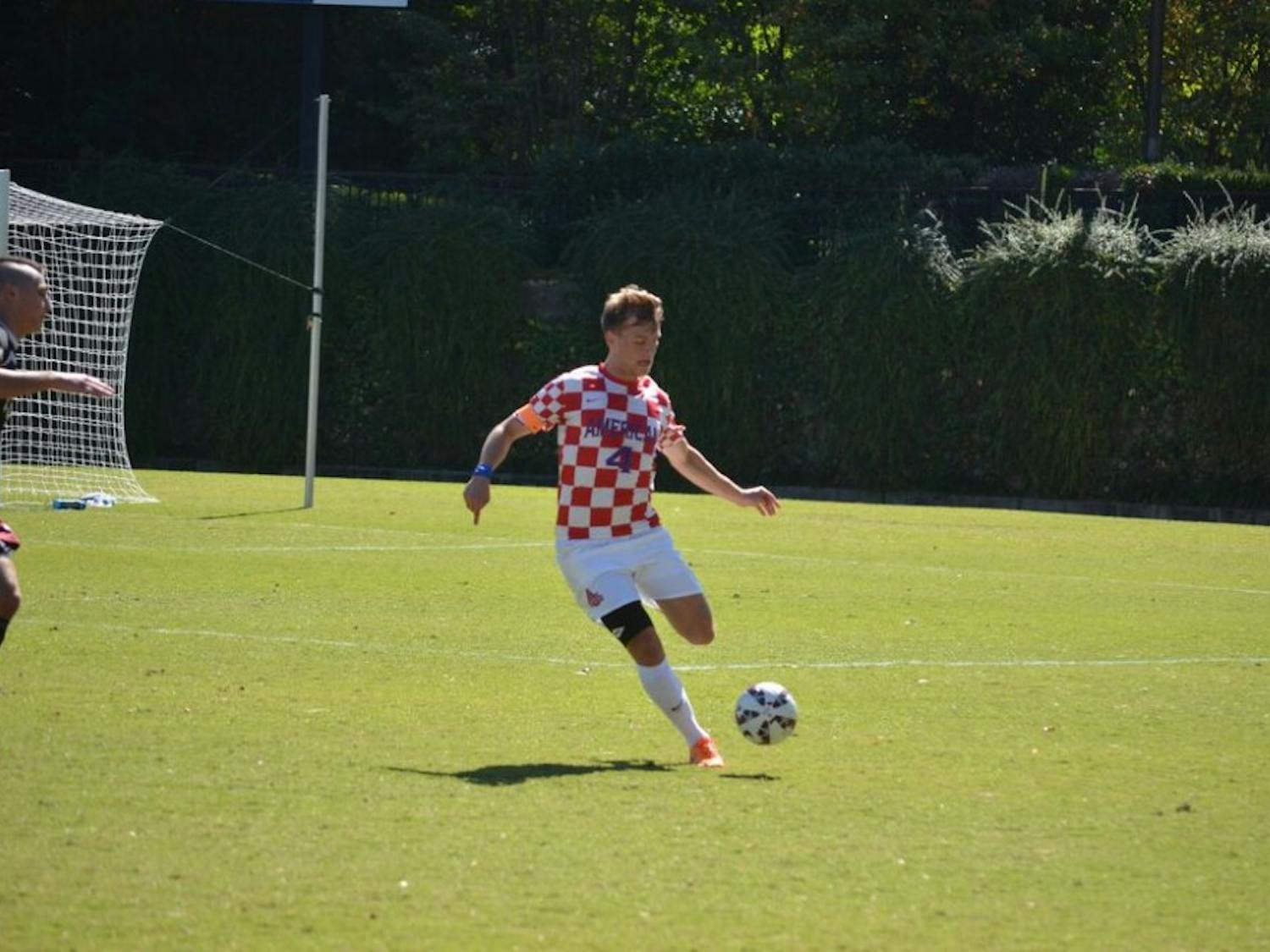 Photo by: Owain JamesSenior Midfielder Liam Robley passes the ball to a teammate in a game against Layfayette earlier this season. Robley scored AU's third goal against Bucknell.&nbsp;