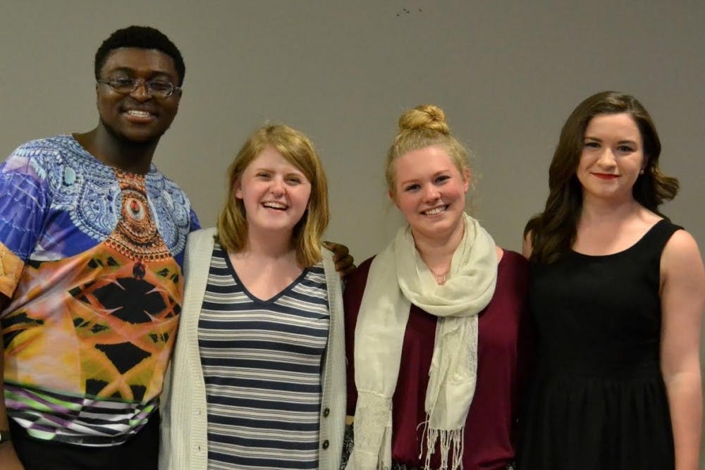 The members of the original&nbsp;SG 2016-2017&nbsp;executive board. Rokowski, second from right, resigned from her post as secretary in August. Left to right: Devontae Torriente, Shannon McDermott, Faith Rokowski,&nbsp;and Sam Vervaeke.&nbsp;