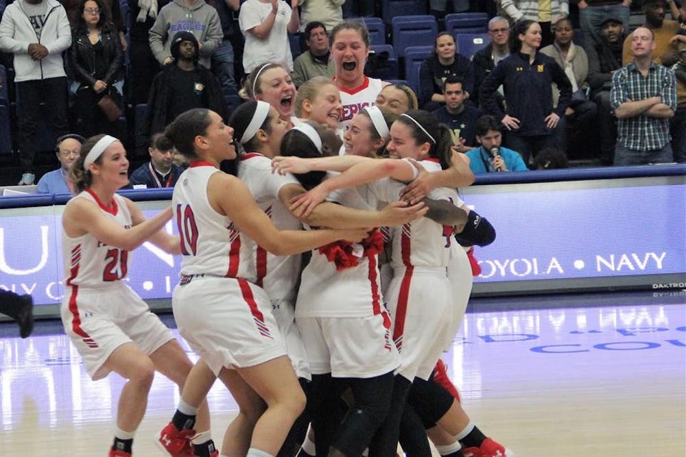 The AU women's basketball celebrates moments&nbsp;after winning the Patriot League title last Sunday.&nbsp;