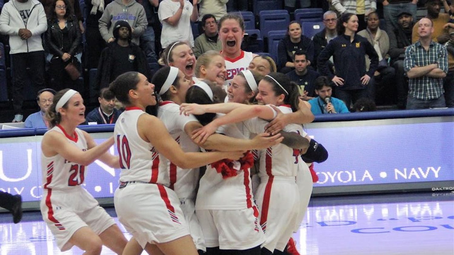 The AU women's basketball celebrates moments&nbsp;after winning the Patriot League title last Sunday.&nbsp;