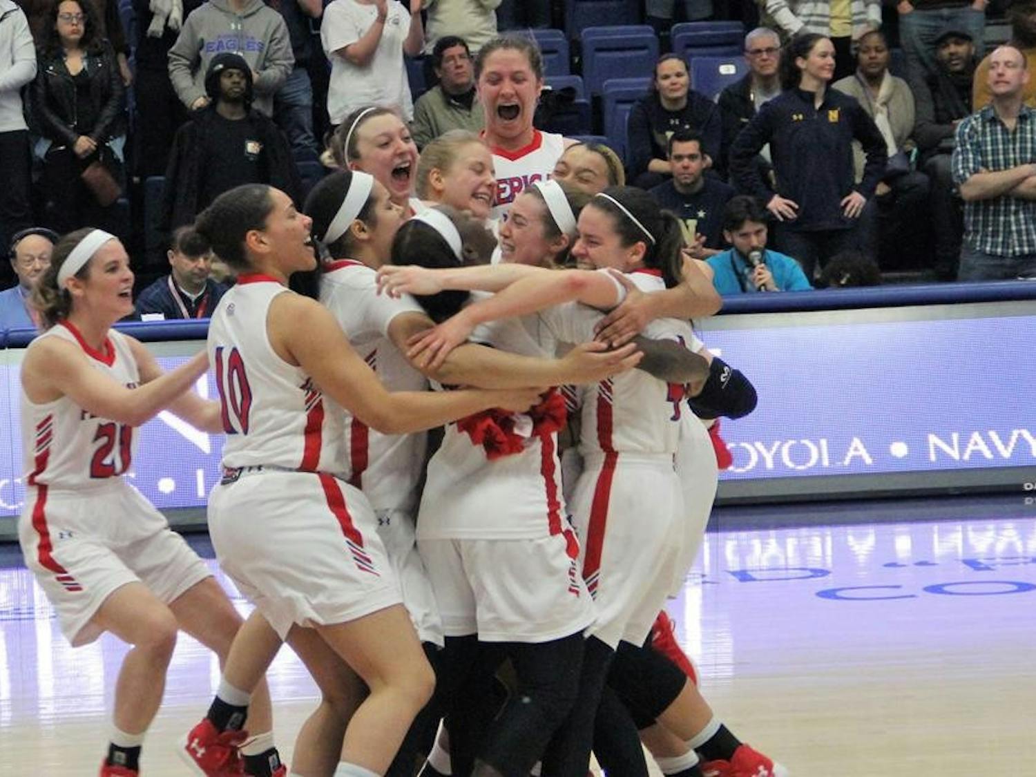 The AU women's basketball celebrates moments&nbsp;after winning the Patriot League title last Sunday.&nbsp;