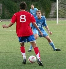 GOING FOR THE GOAL - Sophomore Dor Yasur attempts to get a goal against his Columbia University opponent. Similar to their game against Columbia, in which the Eagles had 24 shots on goal, in their game against Colgate, AU had several attempts on goal that