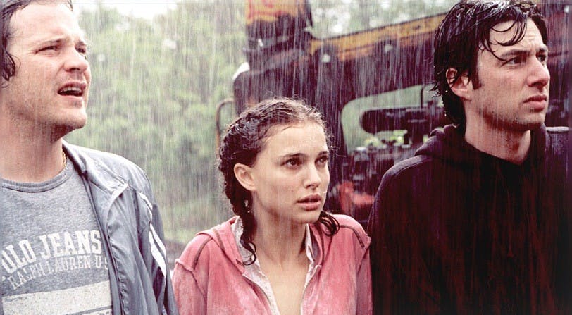 STATE OF MIND -- Films like 2004\'s \"Garden State\" are the perfect types of movies to remedy the homesickness many college students feel after their first few days at school. Peter Sarsgaard, Natalie Portman and Zach Braff, pictured above, star in the film that shows that sometimes, when you go away from home, nothing changes but you.