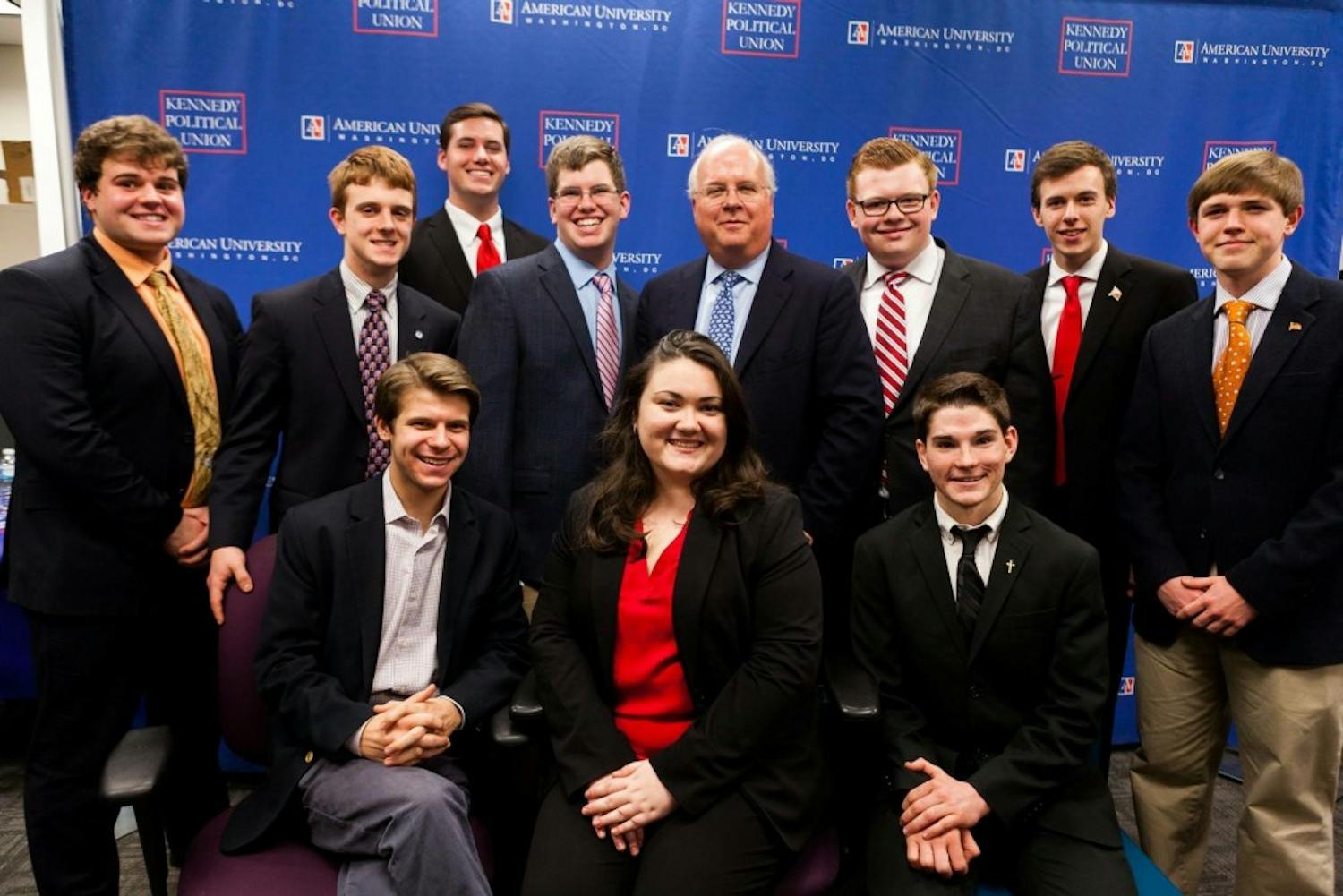 The AU College Republicans pose with Karl Rove during his visit to AU on Feb. 16, 2016.&nbsp;