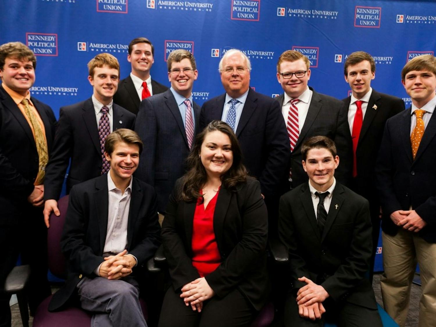 The AU College Republicans pose with Karl Rove during his visit to AU on Feb. 16, 2016.&nbsp;