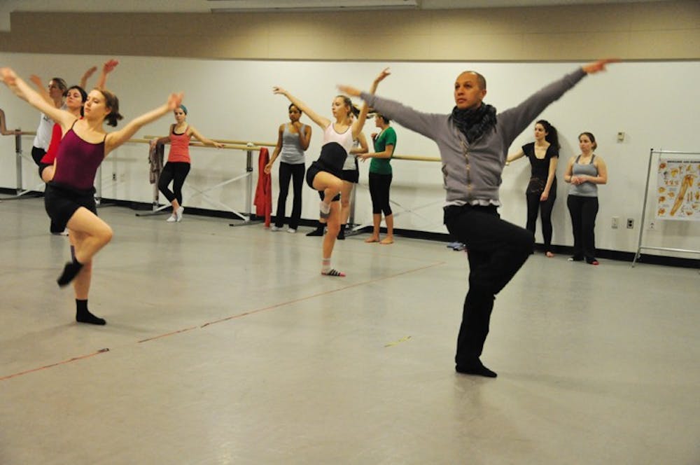 Chris Morgan and his dance class practice their moves in rehearsal for Spring Dance Concert â€œVHF: Very High Frequency.â€ Morgan was greatly inspired by modern dance for this showcase.