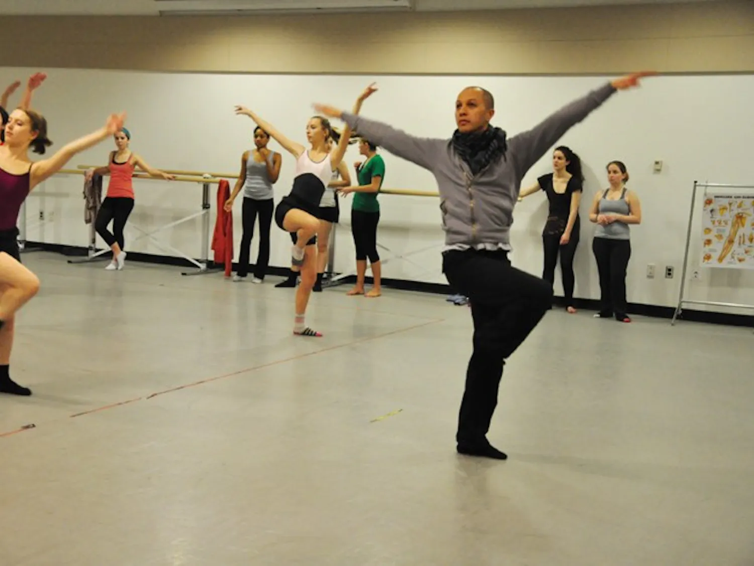 Chris Morgan and his dance class practice their moves in rehearsal for Spring Dance Concert “VHF: Very High Frequency.†Morgan was greatly inspired by modern dance for this showcase.