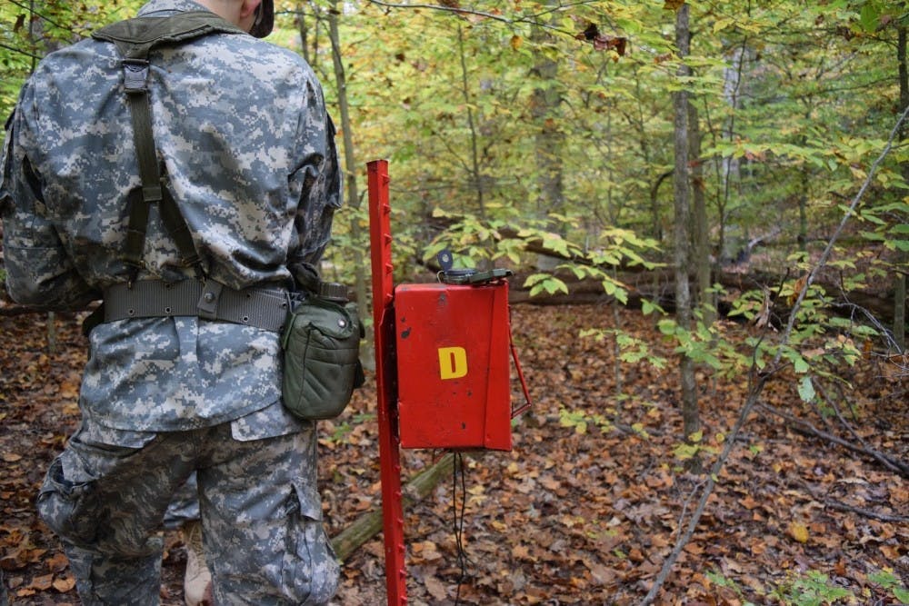 A cadet next to the land navigation point.