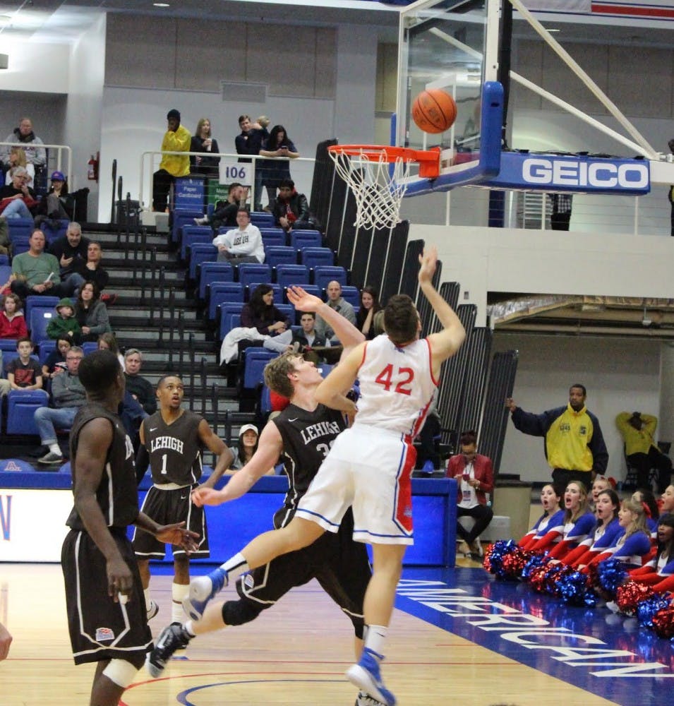 Junior Paris Maragkos shoots a layup against Lehigh in AU's 65-50 loss on Jan. 9&nbsp;