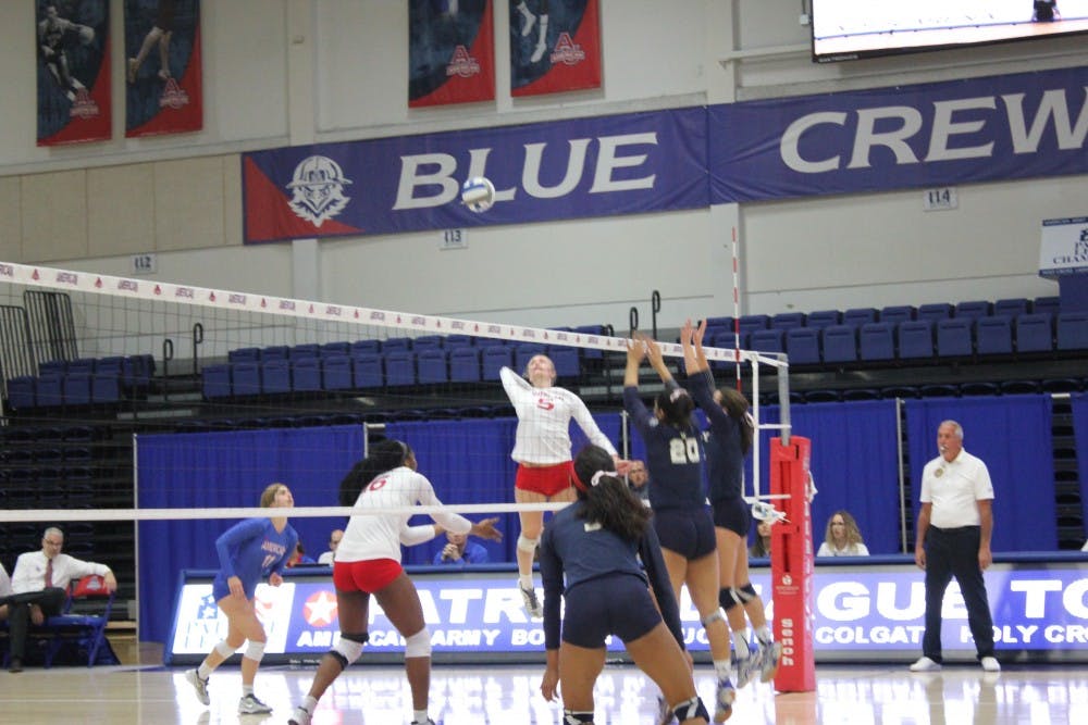 Freshman outside hitter Shannon Webb goes up for a kill against Navy in the Patriot League Tournament semifinal Nov. 19.