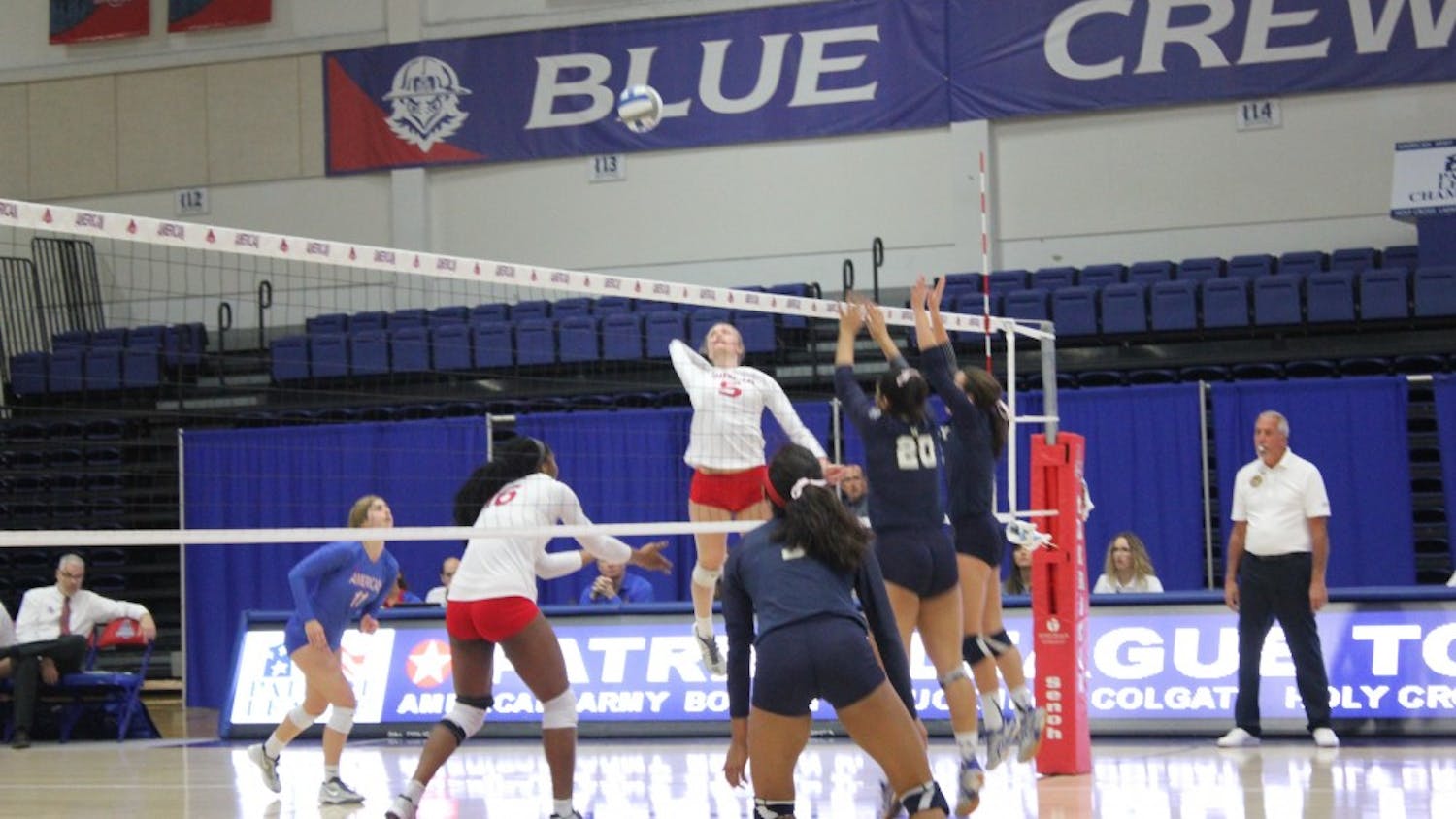 Freshman outside hitter Shannon Webb goes up for a kill against Navy in the Patriot League Tournament semifinal Nov. 19.