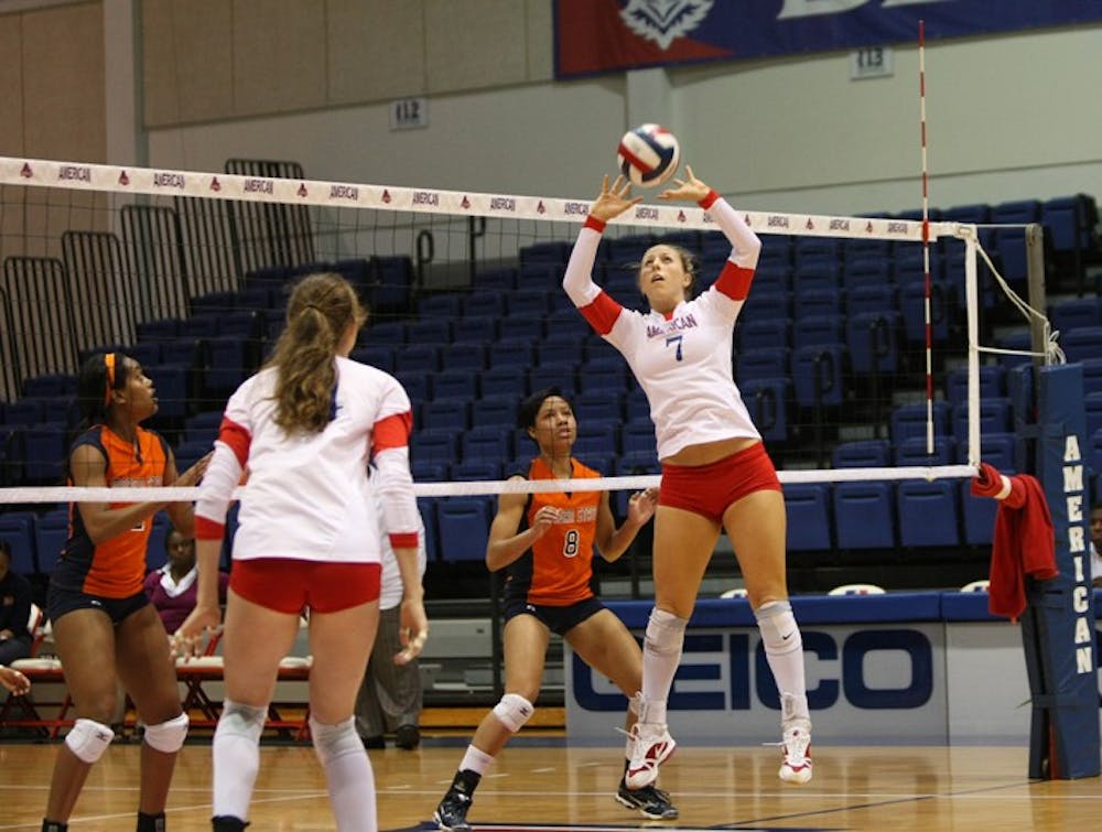 SETTING IT UP â€” AU setter Krysta Cicala sets up the ball for a kill. The Eagles had one of their most complete games of the year, winning in three straight sets. With the team going into Patriot League play, it was important for them to build momentum. Their record now stands at 7-8 coming into a match against Bucknell. 