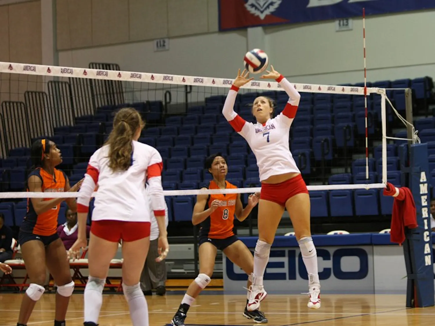 SETTING IT UP — AU setter Krysta Cicala sets up the ball for a kill. The Eagles had one of their most complete games of the year, winning in three straight sets. With the team going into Patriot League play, it was important for them to build momentum. Their record now stands at 7-8 coming into a match against Bucknell.