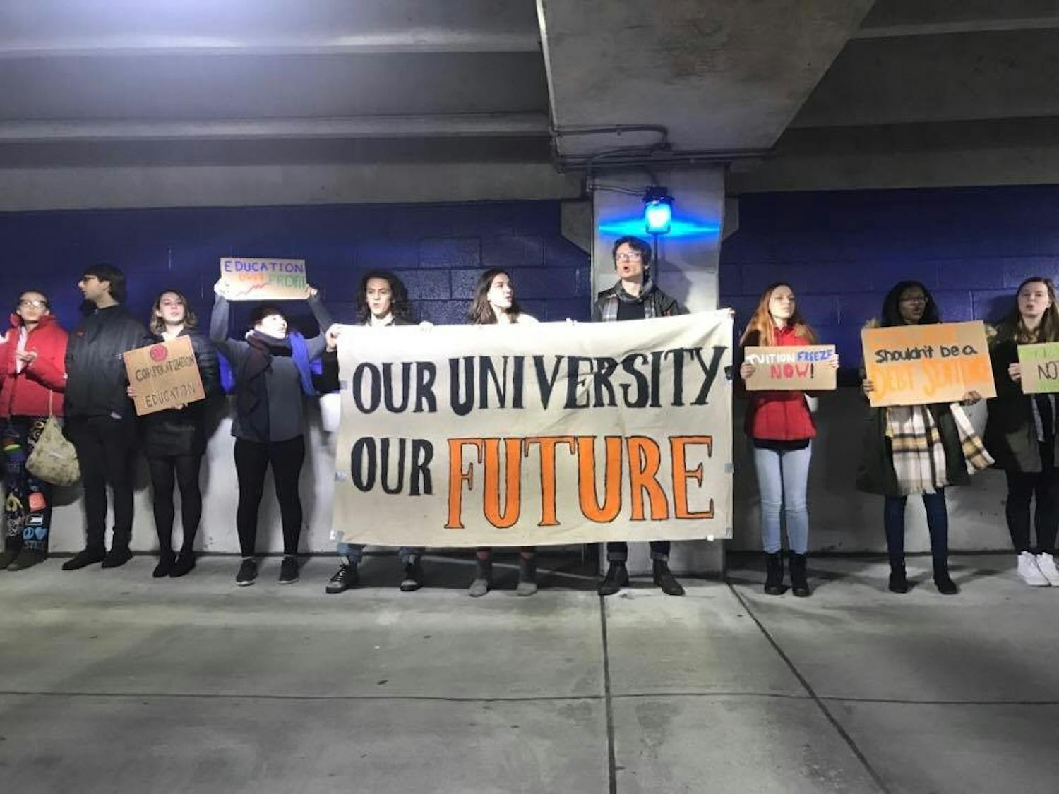 Students protested an anticipated tuition increase ahead of the Board of Trustees meeting in March 2017.&nbsp;